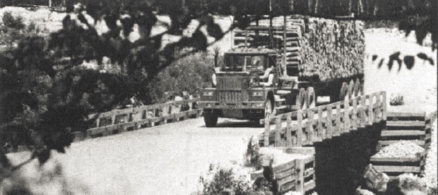 Black and white photo of a truck over a crossing.