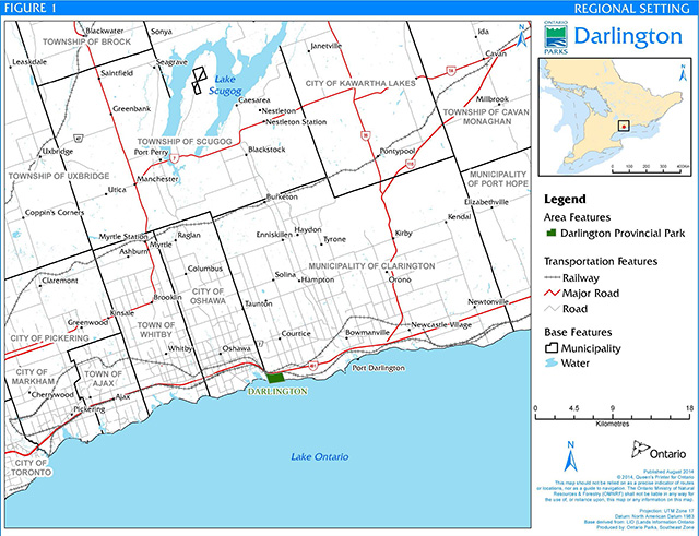 Figure 1: Regional setting of Darlington Provincial Park. Map shows the location of the park along with surrounding municipalities and roads within approximately 20 to 30 kilometres of the park.
