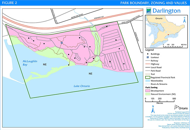 Figure 2. Park boundary, zone boundaries, and values of Darlington Provincial Park map. Areas of the park within each zone category (Development or Natural Environment) are shown by colours.