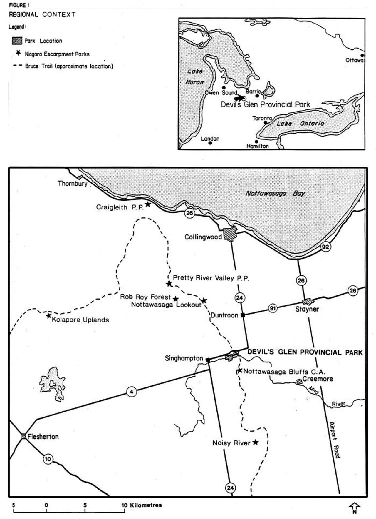regional context map. Grey areas represent park locations, stars represent Niagara Escarpment Park locations, and black lines represent Bruce Trail locations.