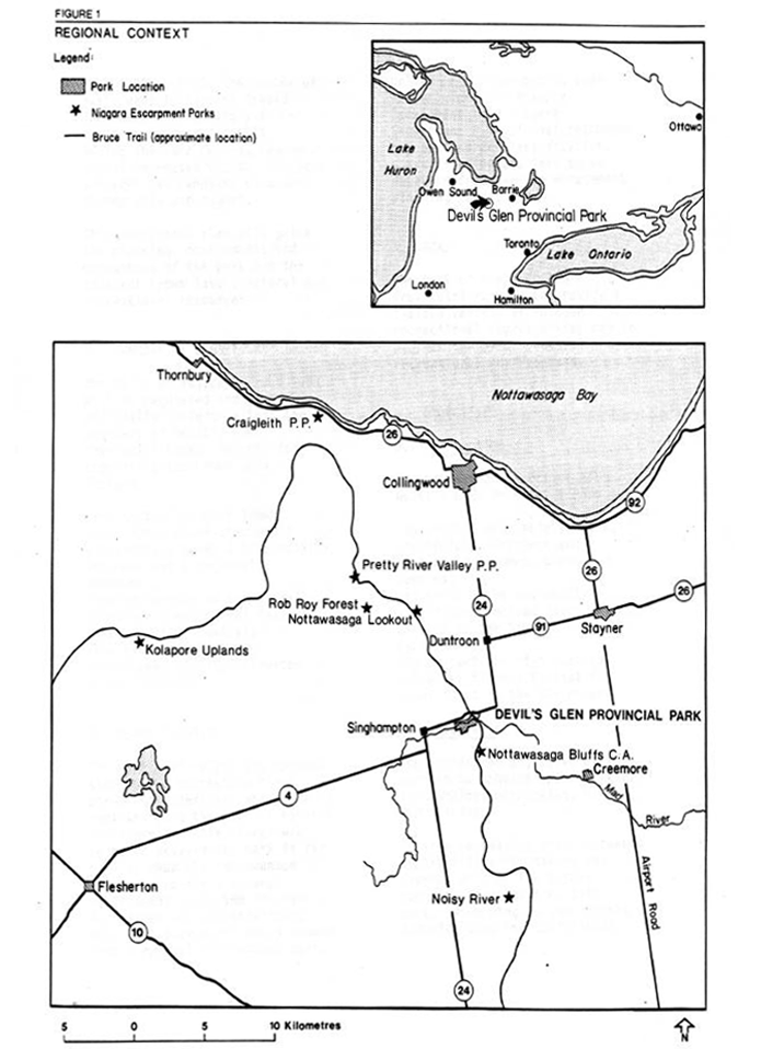 regional context map. Grey areas represent park locations, stars represent Niagara Escarpment Park locations, and black lines represent Bruce Trail locations.