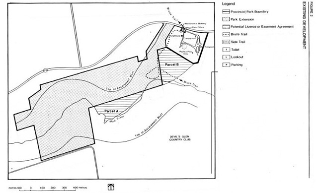 existing development map. Horizontal lines indicate the Provincial Park boundary, dotted areas indicate park extensions, double lined areas are potential licence or easement agreements, dotted lines are the Bruce Trail, larger dotted lines are side trails, T's are toilets, L's are lookouts and P's are parking.