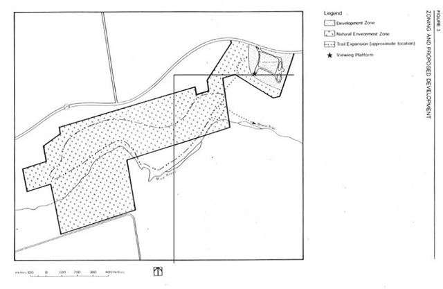 zoning and proposed development map. Small dotted areas are development zones, large dotted areas are natural environment zones, dotted lines are trail expansion approximate locations and stars are viewing platforms.