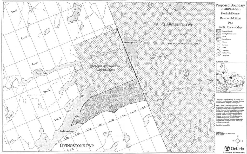 Greyscale map indicates areas proposed boundary of Dividing Lake Provincial park. Map indicates the proposed boundary, existing protected areas, lakes, forest reserves, streams, lot lines, roads, townships, railraod tracks, and utility lines.