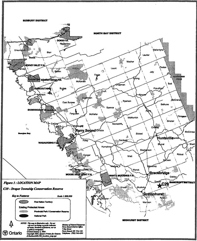 Greyscale map of Draper Township Conservation Reserve including First Nations Territory and existing protected areas.