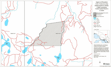 Map showing the approved boundaries for Driftwood River White Lacustrine Conservation Reserve
