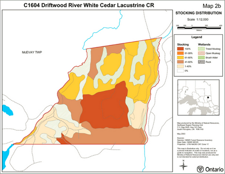 Map showing the stocking distribution inside Driftwood River White Cedar Lacustrine Conservation Reserve