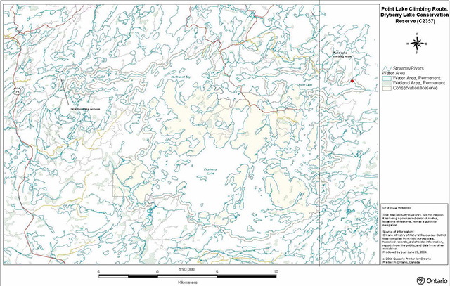 overview of the Dryberry Lake conservation reserve map. Red stars represent access points, orange areas represent private property, blue areas represent wetlands and lakes, dark blue lines represent rivers, and yellow areas represent conservation reserve.