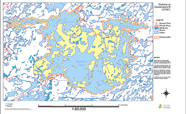 Point Lake climbing route map, Dryberry Lake conservation reserve. Blue lines represent streams/rivers, white areas outlined in blue are permanent water areas, green dotted areas are permanent wetland areas and areas outlined in grey represent conservation reserve.