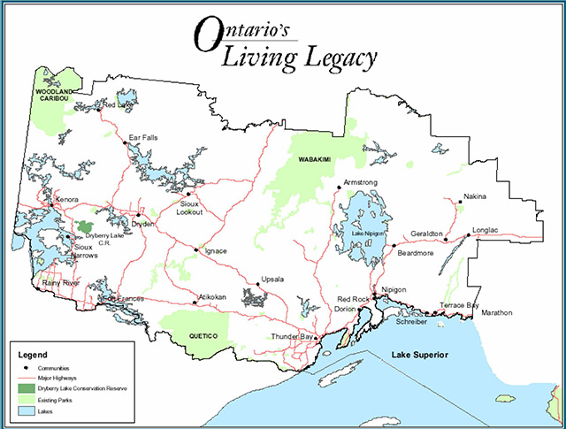 map of common canoe routes within the Dryberry Lake Conservation Reserve. Black lines represent Stewart Lake, red lines represent Rushing River-Highwind Lake, purple lines represent Rushing River-Sioux Narrows, orange lines represent Vermilion Bay-Whitefish Bay, yellow areas represent conservation reserve, and blue areas represent lakes.