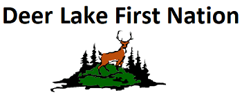 Deer Lake First Nation logo of an antlered deer standing in the forest with pine trees behind it.