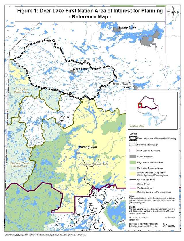 This is a colour reference map showing the Deer Lake First Nation Area of Interest for Planning and surrounding completed community based land use plans for Pikangikum First Nation, Little Grand Rapids First Nation and Pauingassi First Nation, as well as the zoning associated with them. The zoning for regulated protected areas is shown in dark green, the dedicated protected areas are shown in light green, with other land use designations being shown in yellow.