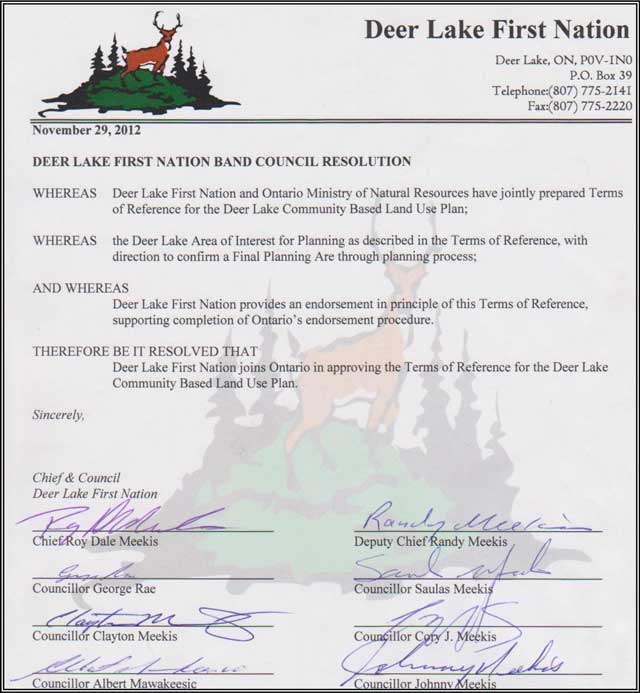 Graphic displaying the band council resolution approving the Terms of Reference for the Deer Lake Community Based Land Use Plan, with original signatures.