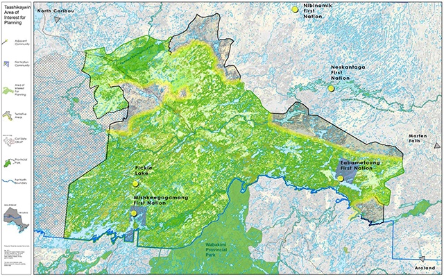 Figure 2 showing Taashikaywin areas of interest for planning. First Nations sites are indicated with yellow circles, and other areas are indicated with shades of green and blue.