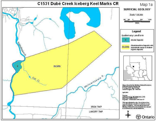 This map shows the surficial geology for dube creek iceberg keel marks conservation reserve.