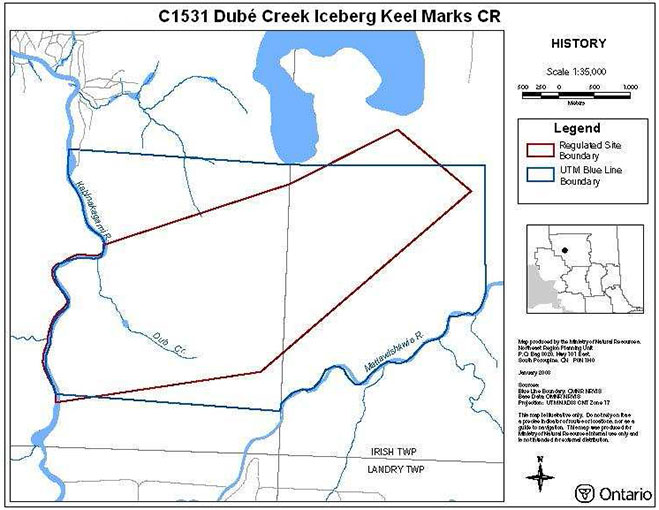 This map shows the history for dube creek iceberg keel marks conservation reserve.