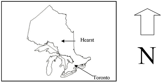 This map shows the location of Hearst inside of the Province of Ontario.