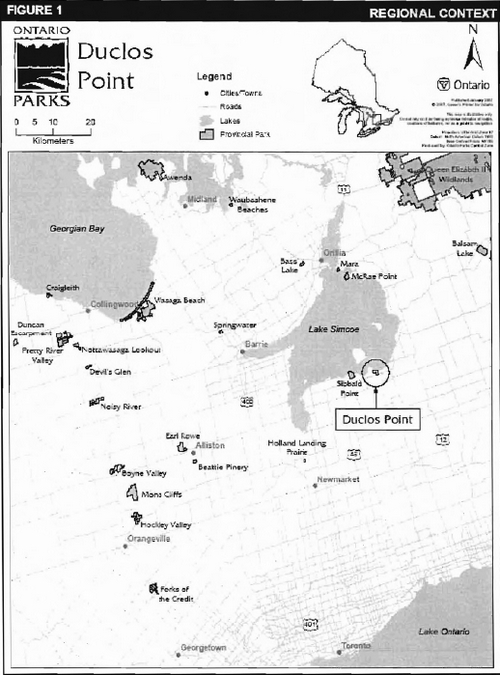 Map showing the location of Duclos Point Provincial Park in relation to the surrounding region