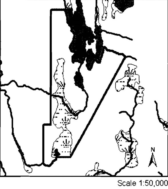 outline map of the C1634 Dunmore Township Balsam Fir Outwash Deposit Conservation Reserve. Scale is 1:50,000.