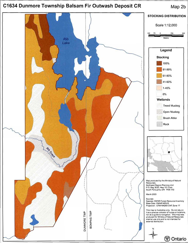 C1634 Dunmore Township Balsam Fir Outwash Deposit Conservation Reserve stocking distribution map. Dark brown areas are 100% stocked, red areas are 81-99%, orange areas are 61-80%, light brown areas are 41-60%, beige areas are 1-40%, white areas are 0%, diagonally-dashed beige areas are Treed Muskeg wetlands, diagonally-dashed brown areas are Open Muskeg, beige cross-hashed areas are brush/alder, and dark brown dotted areas are rock.