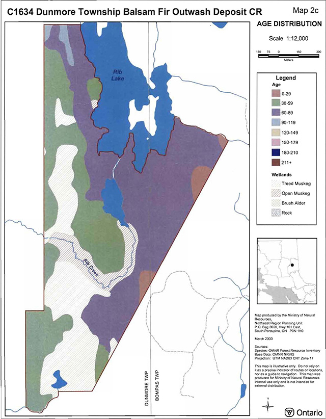 C1634 Dunmore Township Balsam Fir Outwash Deposit Conservation Reserve age distribution map. Dark pink areas are ages 0-29, green areas are ages 30-59, purple areas are ages 60-89, blue areas are ages 90-119, beige areas are ages 120-149, pink areas are ages 150-179, dark blue areas are ages 180-210, brown areas are ages over 211, diagonally-dashed beige areas are Treed Muskeg wetlands, diagonally-dashed brown areas are Open Muskeg, beige cross-hashed areas are brush/alder, and dark brown dotted areas are rock.