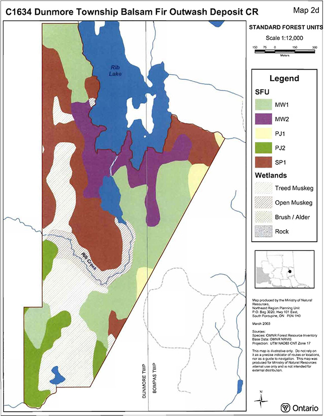 C1634 Dunmore Township Balsam Fir Outwash Deposit Conservation Reserve standard forest units map. Light green areas are MW1, purple areas are MW2, yellow areas are PJ1, dark green areas are PJ2, red areas are SP1, diagonally-dashed beige areas are Treed Muskeg wetlands, diagonally-dashed brown areas are Open Muskeg, beige cross-hashed areas are brush/alder, and dark brown dotted areas are rock.