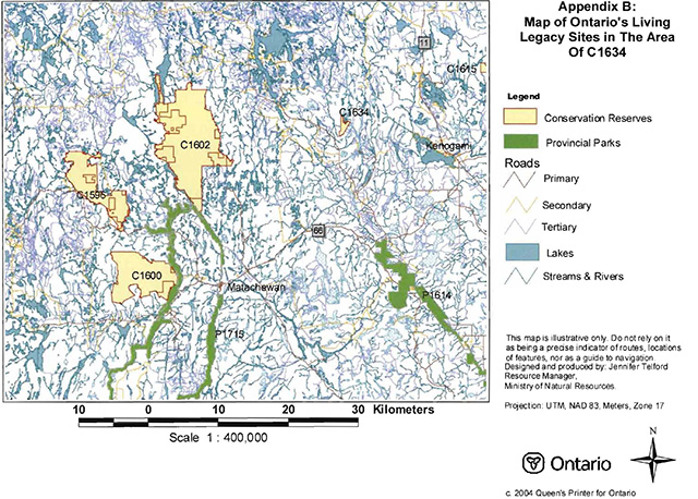 Ontario’s Living Legacy sites in the area of C1634 map. Yellow areas are conservation reserves, green areas are provincial parks, red lines are primary roads, yellow lines are secondary roads, orange lines are tertiary roads, blue areas are lakes, and blue lines are streams and rivers.