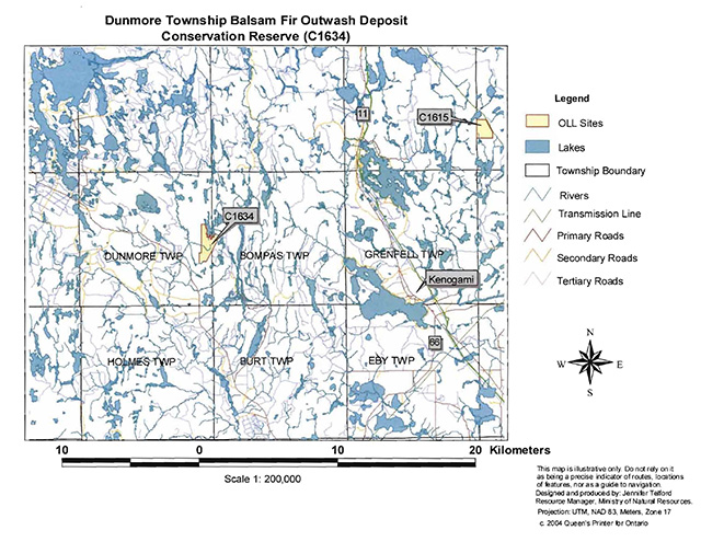 Dunmore Township Balsam Fir Outwash Deposit Conservation Reserve locator map. Yellow areas are Ontario’s Living Legacy sites, blue areas are lakes, white areas are township boundaries, blue lines are rivers, green lines are transmission lines, red lines are primary roads, yellow lines are secondary roads, orange lines are tertiary roads.