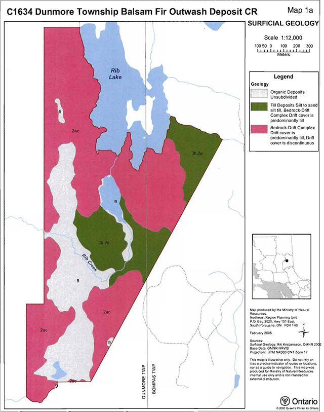 C1634 Dunmore Township Balsam Fir Outwash Deposit Conservation Reserve surficial geology map. Grey areas are organic deposits unsubdivided, green areas are till deposits silt to sand silt till, bedrock-drift complex drift cover is predominantly till, and pink areas are bedrock-drift complex drift cover is predominantly till, drift cover is discontinuous.