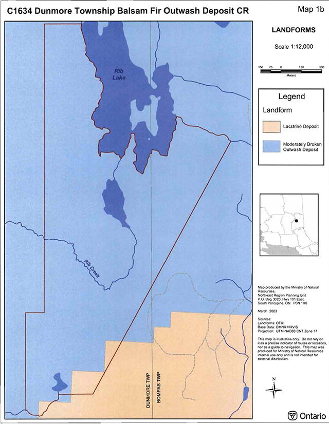 C1634 Dunmore Township Balsam Fir Outwash Deposit Conservation Reserve map 1b. Peach areas are lacstrine deposit landforms and light blue areas are moderately broken outwash deposit landforms.