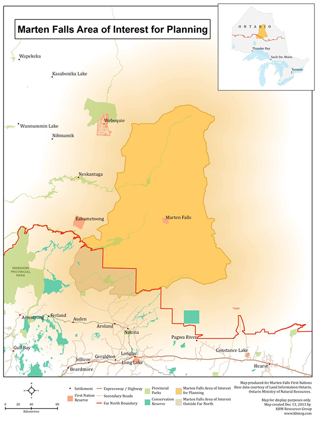 A map showing areas of interest for planning in Marten Falls