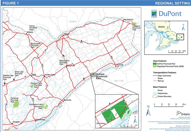 DuPont Provincial Park regional setting map. Area features include DuPont Provincial Park in dark green and registered provincial parks (2009) in light green. Transportation features include red lines for major autoroutes, grey lines for roads, and black lines for railways. Base features include blue lines for rivers, light blue areas for waterbodies, and white areas outlined in black for Ontario boundaries.