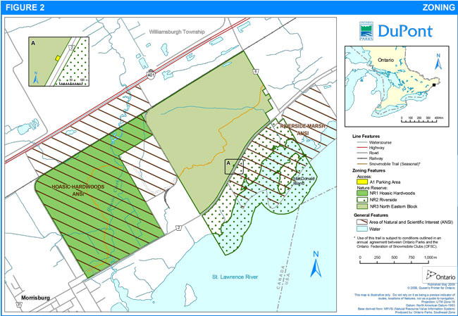 DuPont Provincial Park zoning map. Line features include blue lines for watercourses, red lines for highways, thin black lines for road, thick black lines for railways, and orange lines for snowmobile trails (seasonal). Zoning features include yellow areas for parking area access, dark green areas for Hoasic Hardwoods nature reserve, white areas with green dots for Riverside nature reserve, and light green for the North Eastern Block nature reserve. General features include white areas with red diagonal lines for areas of natural and scientific interest and blue areas for water.