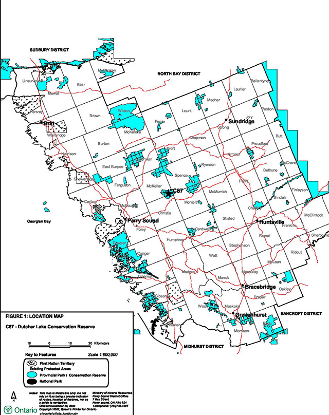 colour map of the location of Dutcher Lake Conservation Reserve. Dotted areas represent First Nation Territory, blue represents Provinical Park/Conservation Reserve existing protected areas and black represents National Park existing protected areas.
