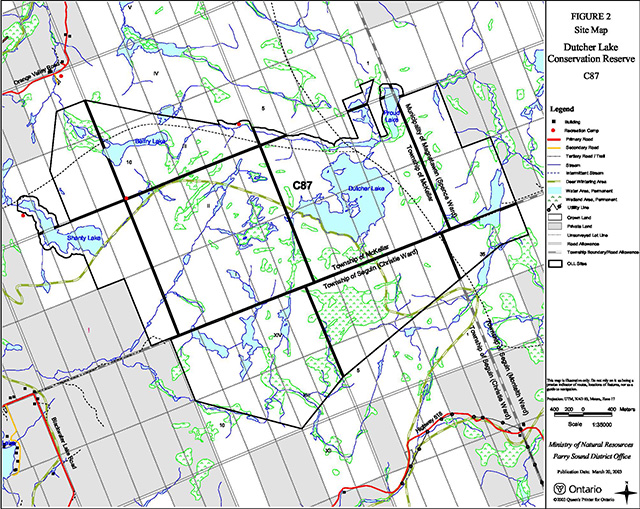 colour site map of Dutcher Lake Conservation Reserve C87. Black squares are buildings, red circles are recreation camps, red lines are primary roads, yellow lines are secondary roads, smaller dashed lines are tertiary roads/trails, blue lines are streams, blue dashed lines are intermittent streams, green shaded double lines are deer wintering areas, blue areas are permanent water areas, dotted green areas are permanent wetland areas, black dotted lines are utility lines, white areas outlined in thin black lines are Crown Land, grey areas are private land, grey dashed line are unsurveyed lot lines, double grey lines are road allowances, grey shaded double lines are township boundary/road allowances, white areas outlined in thick black lines are Ontario Living Legacy sites.