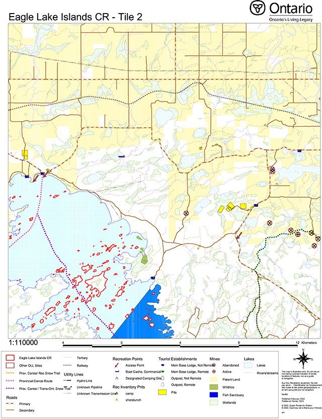 This is tile 2 map of Eagle Lake Islands Conservation Reserve. The map indicates roads, utility lines, trails, recreation points, tourist establishments, mines and lakes.