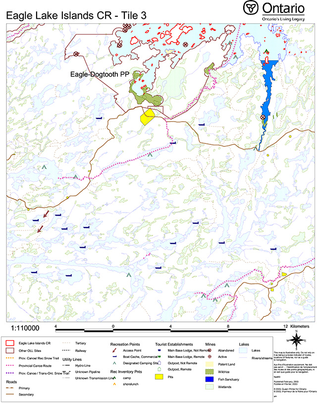 This is tile 3 map of Eagle Lake Islands Conservation Reserve. The map indicates roads, utility lines, trails, recreation points, tourist establishments, mines and lakes.