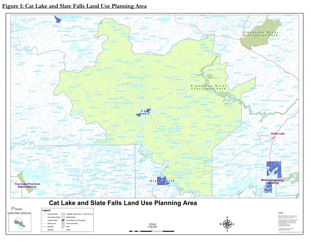 Figure 1: Cat Lake First Nation and Slate Falls Nation trapline areas have been used to help define the boundaries of the planning area in order to respect neighboring First Nations. Cat Lake First Nation and Slate Falls Nation belong to Treaty 9. The total area encompasses 1,527,751 ha