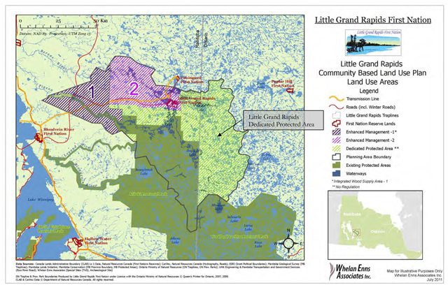 This is a colour reference map that shows the detailed land use areas within the Little Grand Rapids First Nation Community Based Land Use Plan. It shows the Little Grand Rapids First Nation Dedicated Protected Area, which encompasses the entire planning area in Ontario and a smaller area in Manitoba. It also shows two areas on the Manitoba side labelled 1 and 2, that are Enhanced Management Areas.” r, and the Pikangikum First Nation planning area, to the West, in Ontario.”