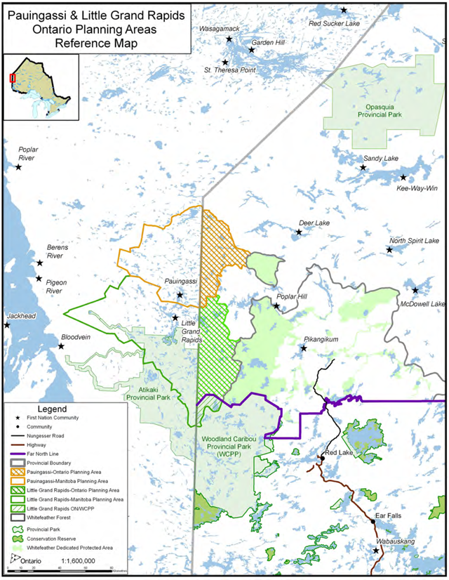 This is a colour reference map that shows the Pauingassi First Nation Community Based Land Use Plan straddling the Manitoba and Ontario provincial border. It also shows the Little Grand Rapids First Nation planning area, directly to the south, on both sides of the provincial border, and the Pikangikum First Nation planning area, to the Southwest, in Ontario.