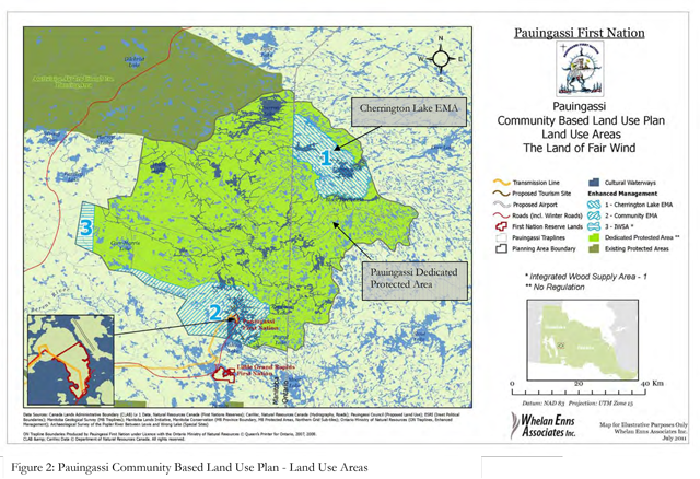 This is a colour reference map that shows the detailed land use areas within the Pauingassi First Nation Community Based Land Use Plan. It shows the Pauingassi Dedicated Protected Area on both sides of the provincial border between Manitoba and Ontario, as well as the area labelled the Cherrington Lake Enhanced Management Area in the Northeastern portion on the Ontario side of the planning area. It also shows two areas on the Manitoba side labelled 2 and 3, that are Enhanced Management Areas.