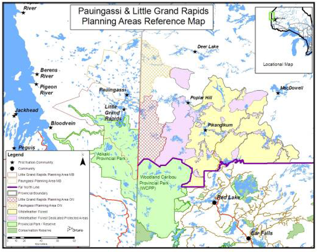 Figure 1: Planning area reference map. For the purpose of planning, the planning area is described as the portion of Pauingassi First Nation’s traditional territory that falls within Ontario and is defined by traplines held by the people of Pauingassi, whose relationship to the province of Ontario is established through Treaty #5 