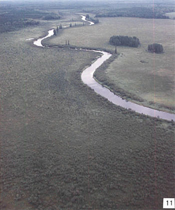 Levees on the Wabigoon River, above its confluence with Kawashegamuk River, looking east.