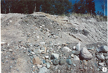 Coarse bouldery material overlain by well bedded sands. Same pit as in photo 4.