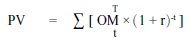 PV = sigma-summation left-bracket O M underscript t overscript T end scripts times left-parenthesis 1 + r right-parenthesis superscript 4 right-bracket