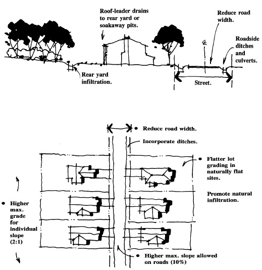 A plan and profile view diagrams of houses illustrate alternative development standards for roads and lots, such as slope and ditches.
