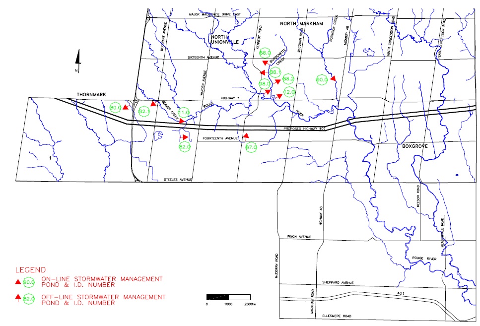 A map of Markham, Ontario shows major roads, creeks and locations of stormwater management ponds.