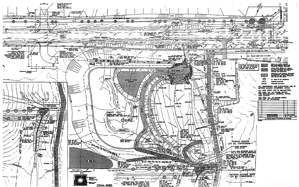 The figure is an example of a detailed plan view drawing of an area, including contours and stormwater management facilities.