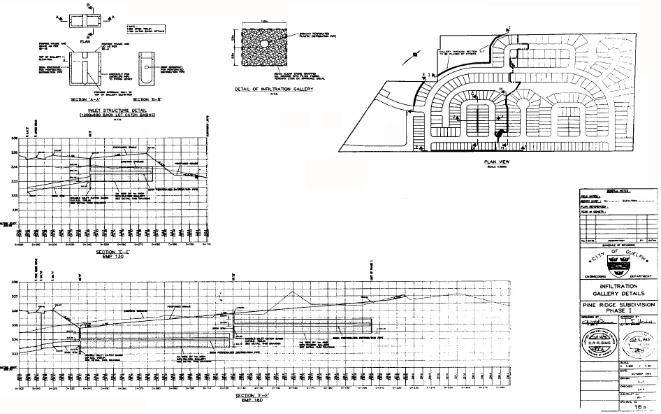 The figure is an example of a infiltration gallery detailed design drawing for a subdivision.