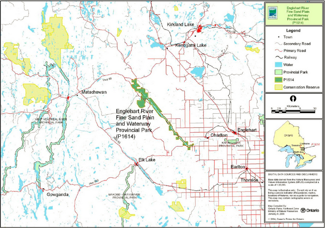 Map showing Englehart River Fine Sand Plain and Waterway Provincial park in relation to the surrounding region